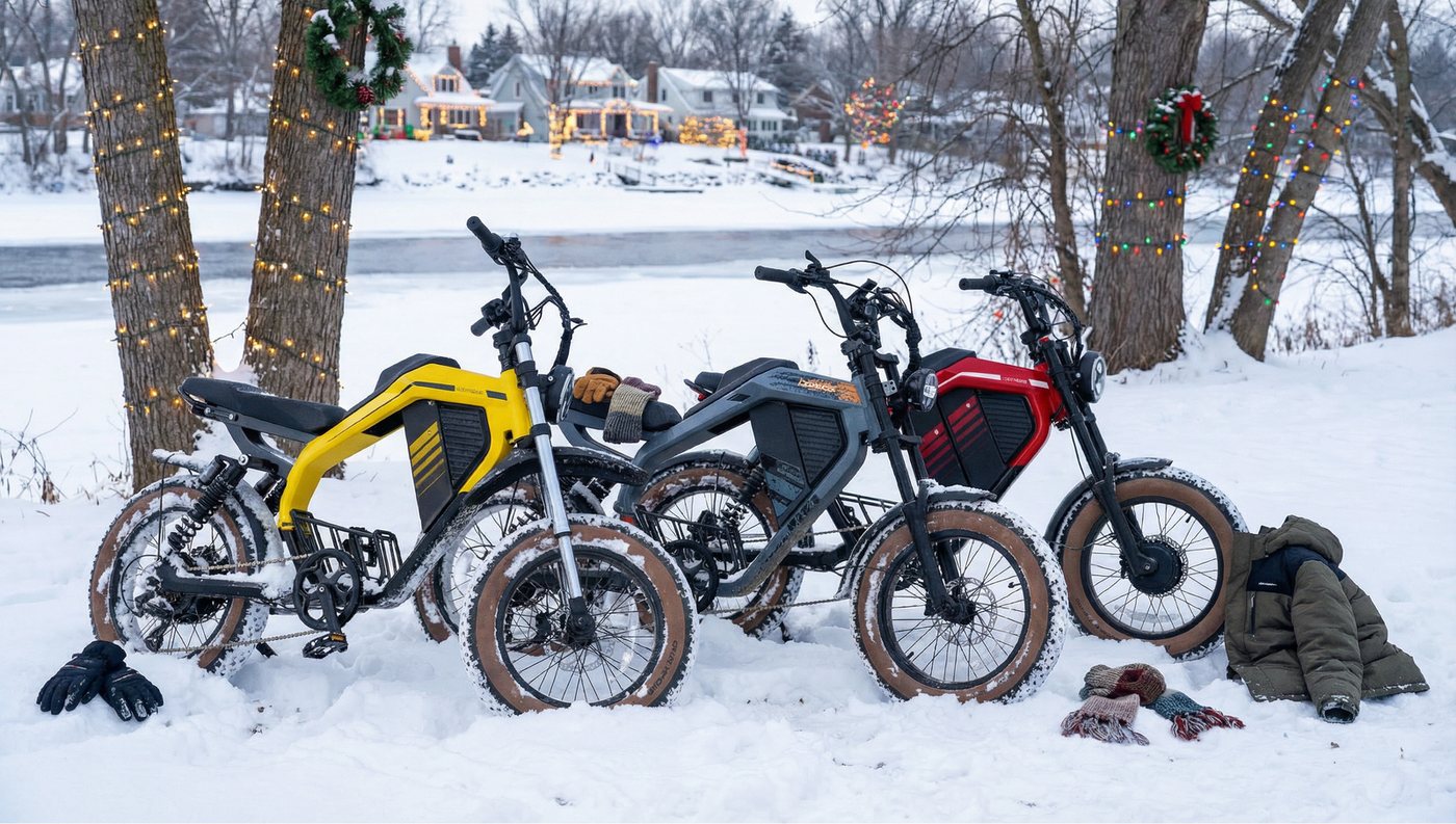 Trois vélos électriques style moped garés côte à côte